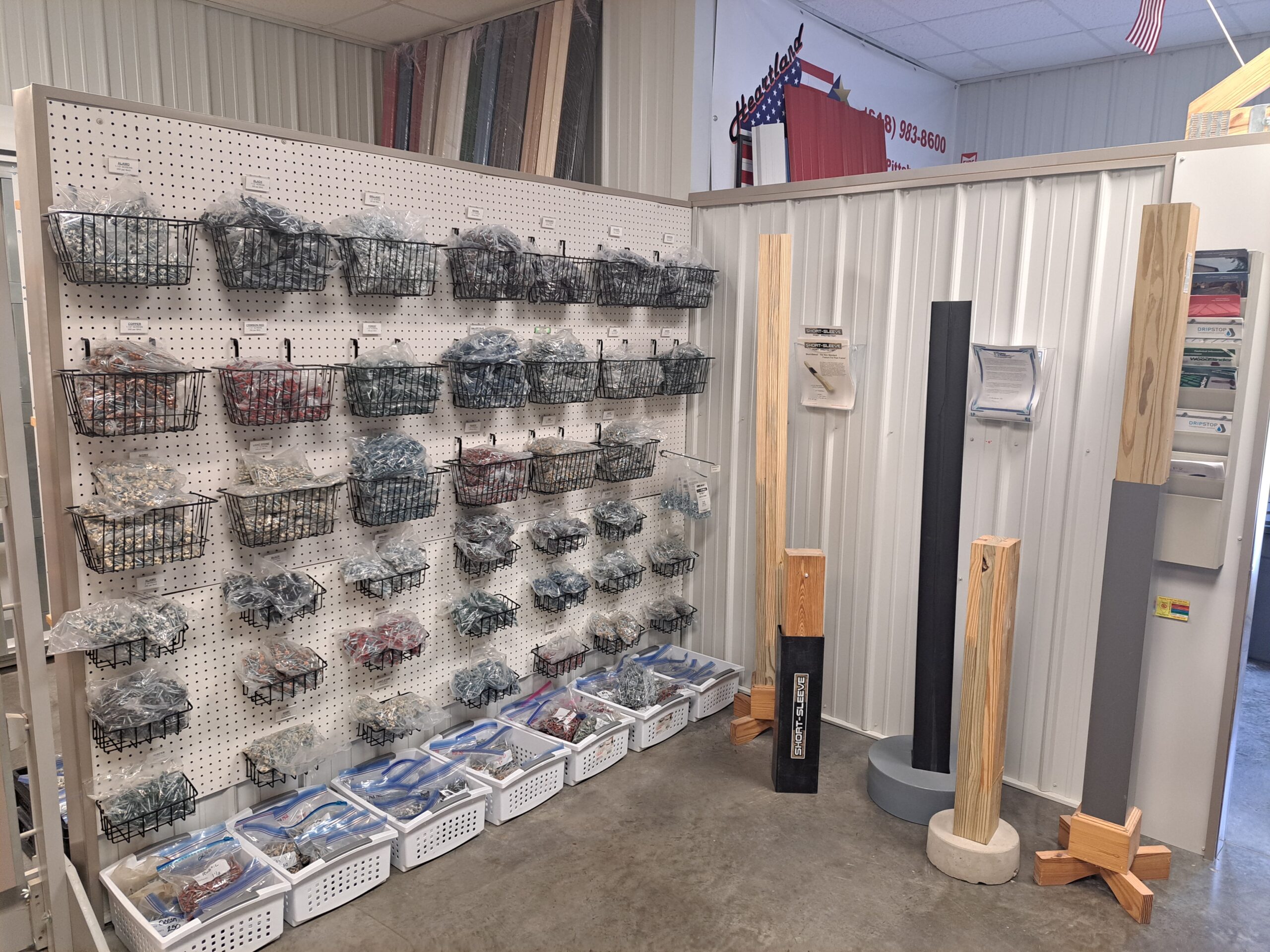 Building supplies and graber posts on the inside of Heartland Metal and Building Supplies showroom