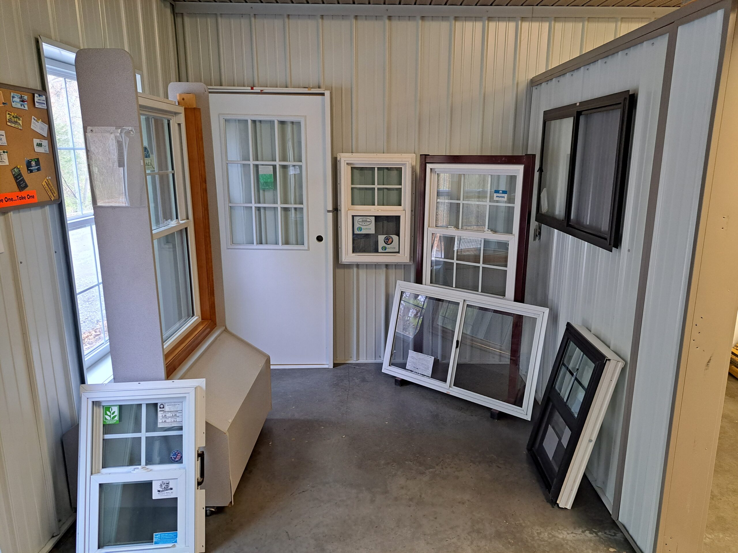Doors and window samples on inside of Heartland Metal and Building Supplies showroom
