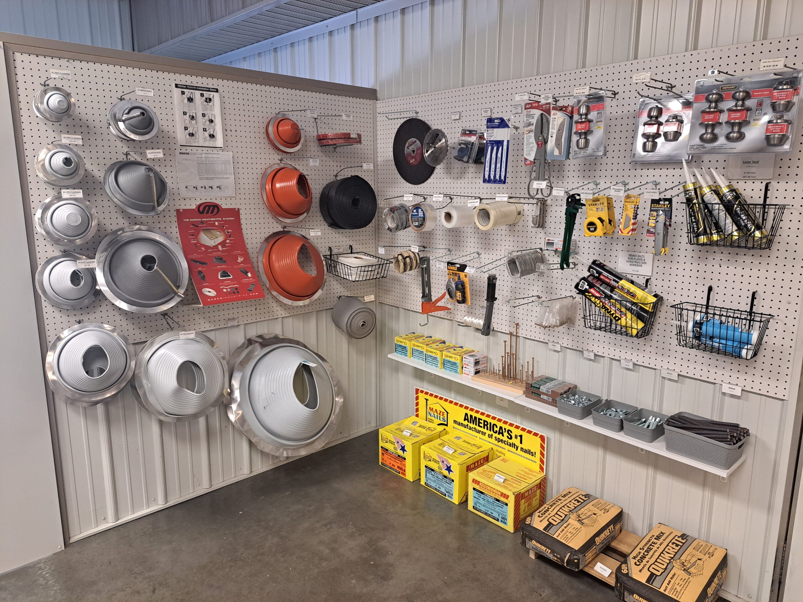 Building supplies and accessories on inside of Heartland Metal and Building Supplies showroom