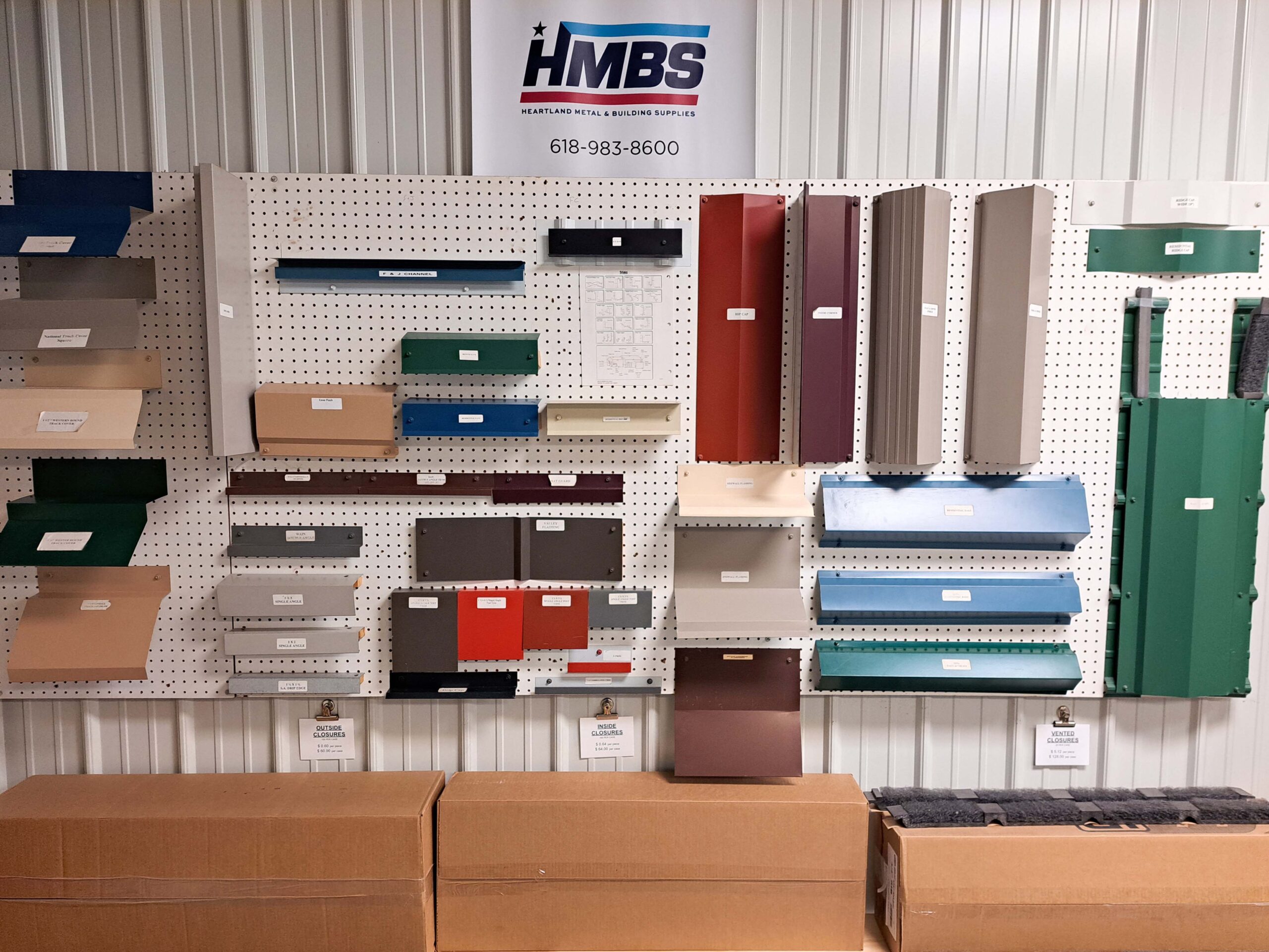 Examples of trim options on inside of Heartland Metal and Building Supplies showroom